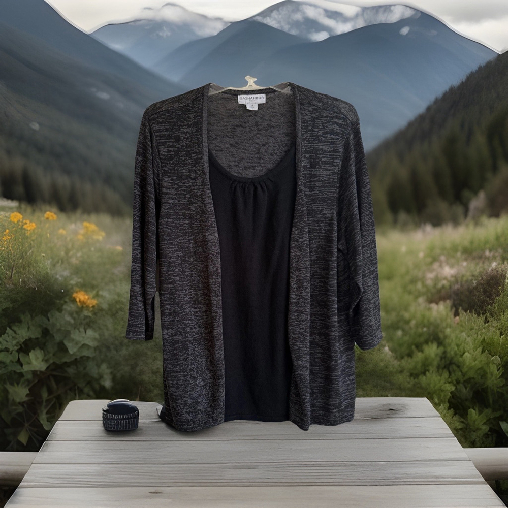 Sag Harbor 2X Black Marbled Knitted Shell W Solid Black Inserted Tank 3/4 Sleeve